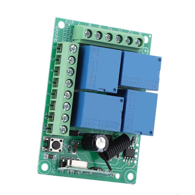Commutateurs à Distance, Commutateur de Télécommande 12V 433Mhz 4 Canaux avec Carte de circuit Verte, Quatre modules de Relais Bleus, Multiples Terminaux de Connexion et une Bobine Noire. Conçu pour la Compatibilité avec des Puces comme 2262, 2260, 1527 et 2240, Il Prend en Charge des applications comme les Portes de garage, les Portes de Volet Électrique et les Alarmes Antivol. Sa Conception Compacte Mesure Environ 68,2 x 48,2 mm et Fonctionne à une