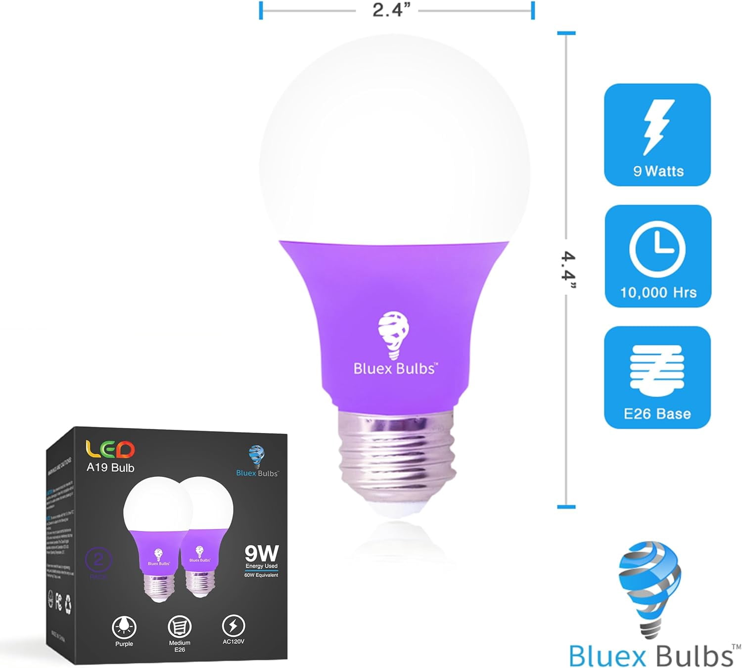 BlueX LED A19 Purple Light Bulb 2 Pack - 9W, E26 Base, Indoor