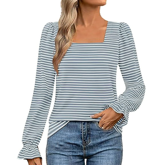 HCURIBAD Back to School Outfits for Teen Girls, Clearance! Women's Long Sleeve Square Neck Shirts 2024 Trendy Striped Tops, Business Casual Tops, Long Sleeve Shirts for Women, Womens Clothes Blue L