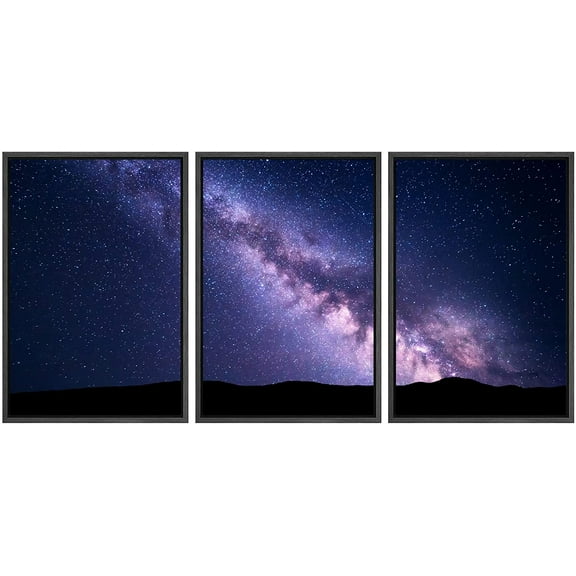 wall26 - 3 Piece Framed Canvas Wall Art - Landscape with Purple Milky Way. Night Sky with Stars and Hills at Summer. - Modern Home Art Stretched and Framed Ready to Hang - 16"x24"x3 BLACK