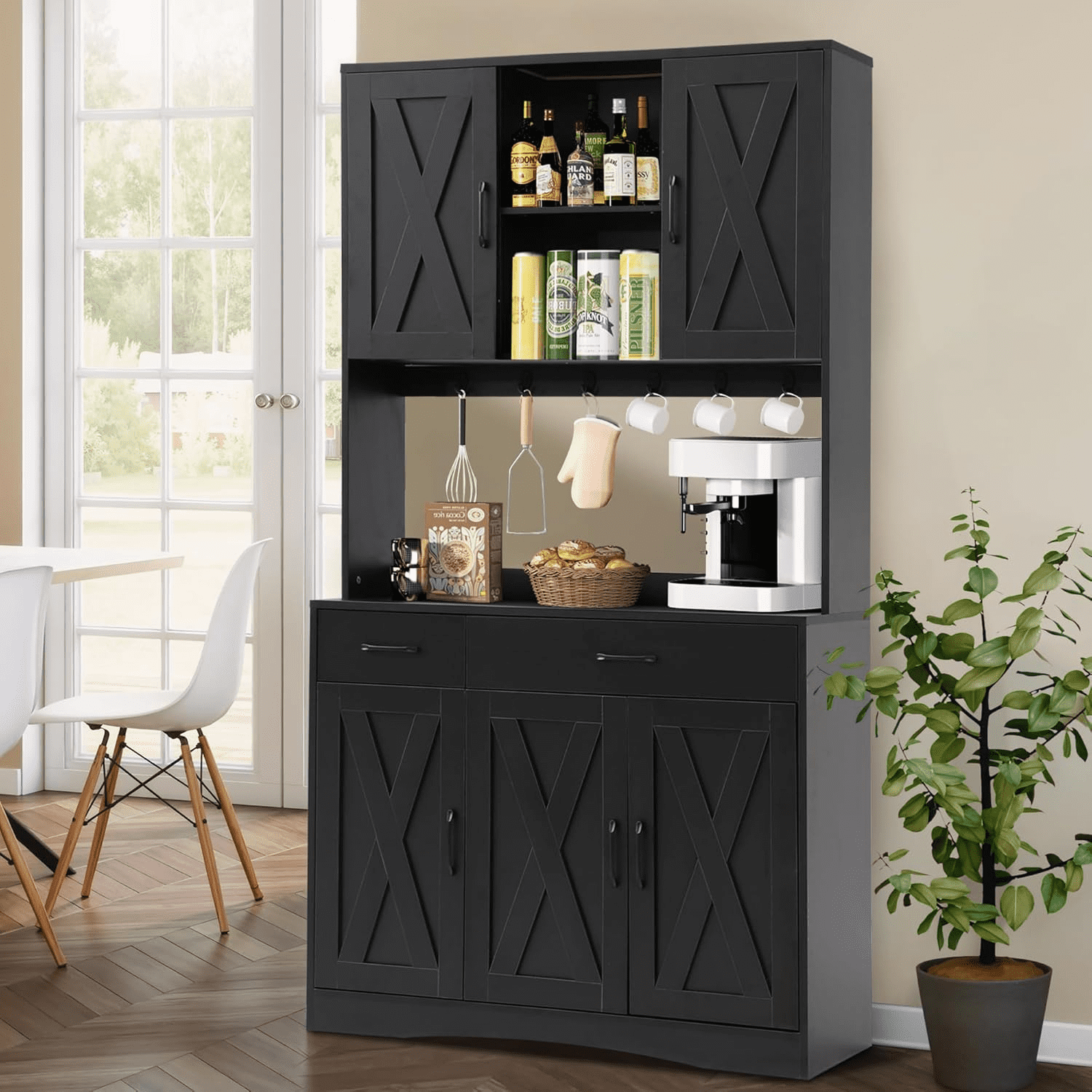 Haverchair 71" Kitchen Pantry Storage Cabinet, Farmhouse Hutch Cabinet with Microwave Stand, Tall Food Pantry Cabinets w/2 Drawers & 6 Hooks, Charging Station, Storage Cabinets for Dining Room