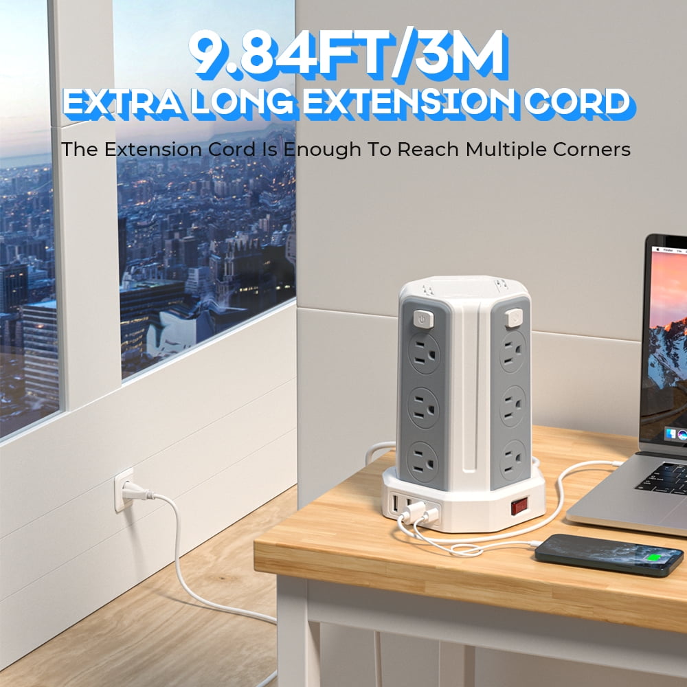 Surge Protector Power Strip Tower with 12 Outlets 4 USB Ports, 10ft Cord Electric Charging Station, White