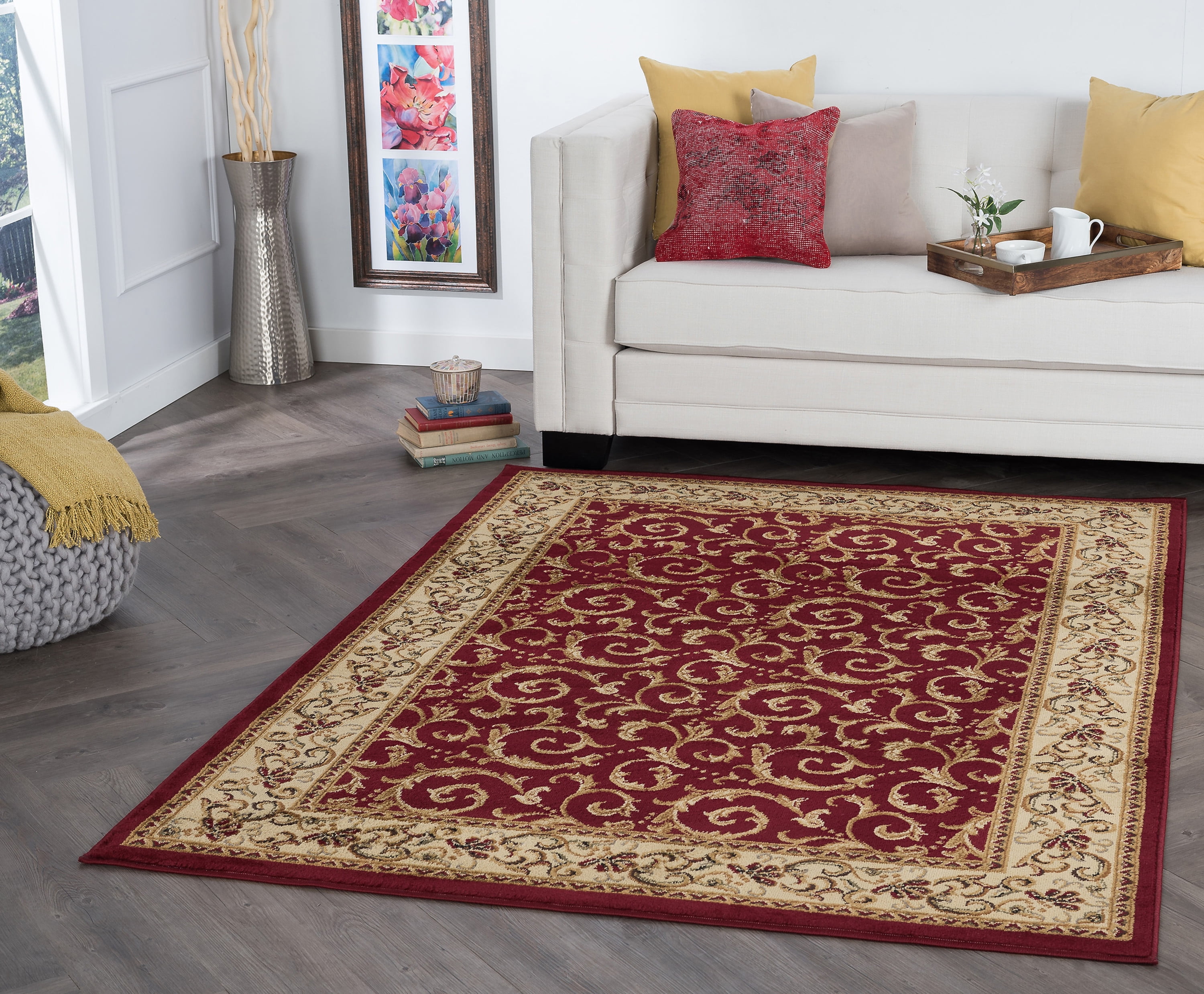 Transitional 5x7 Area Rug (5' x 7') Oriental Red, Beige Living Room