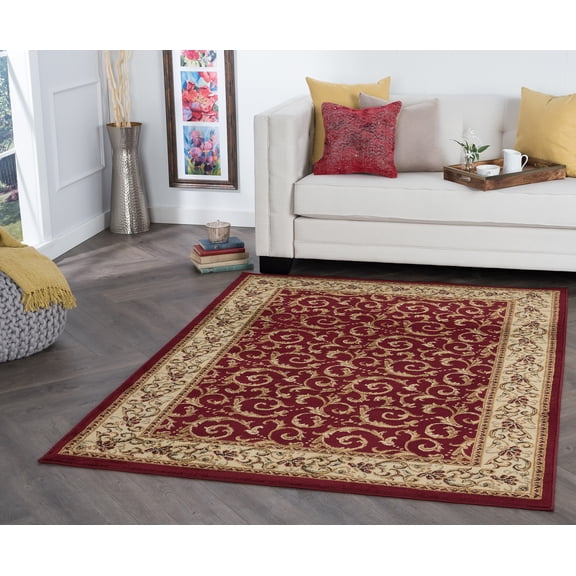 Transitional 5x7 Area Rug (5' x 7') Oriental Red, Beige Living Room Easy to Clean