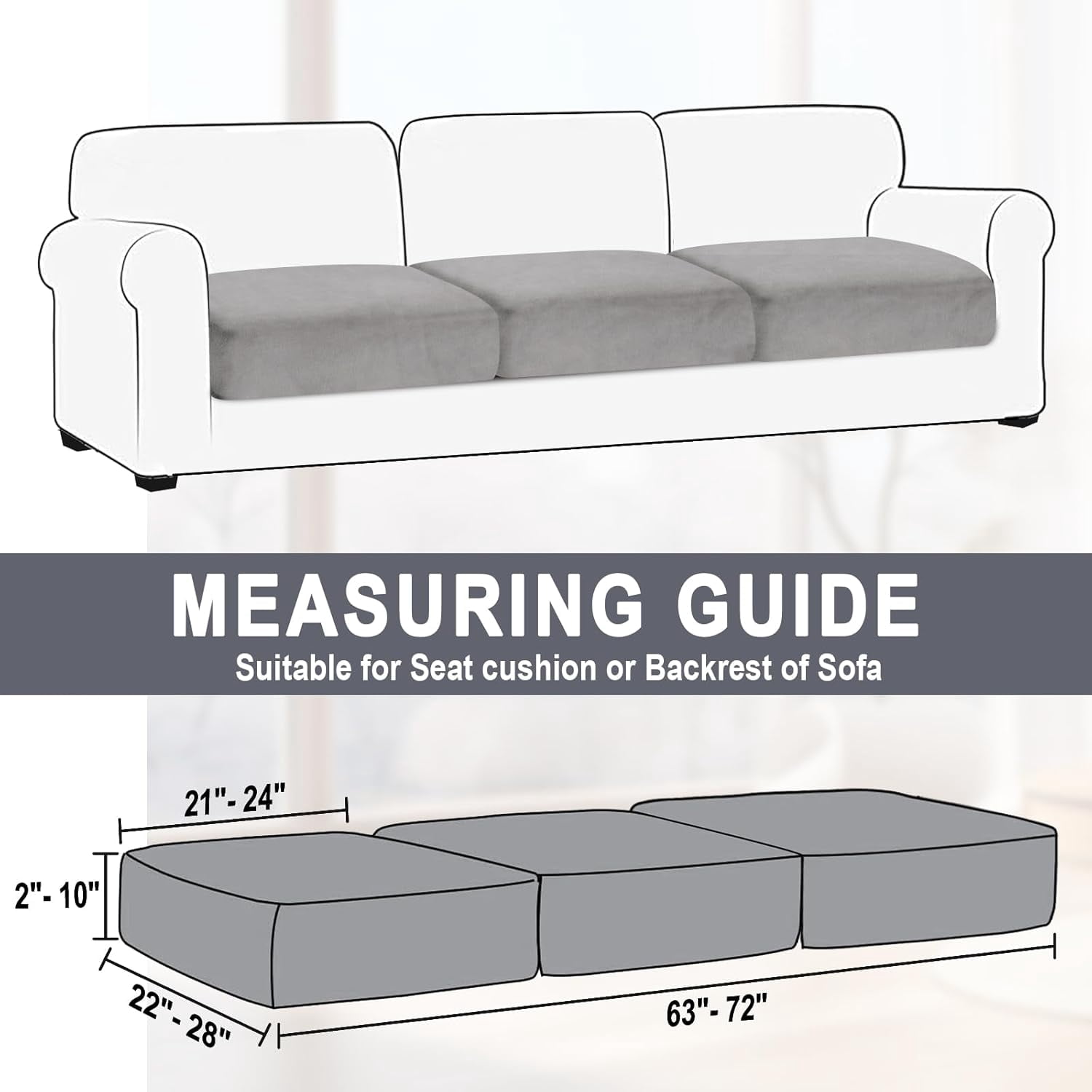Couch Covers, 3 Pieces Couch Cushion Cover Velvet, Seat Cushion Cover, Stretch Sofa Covers, Separate Sectional Sofa Slipcovers, Furniture Protector(3-Seater or Backrest, Light Grey)