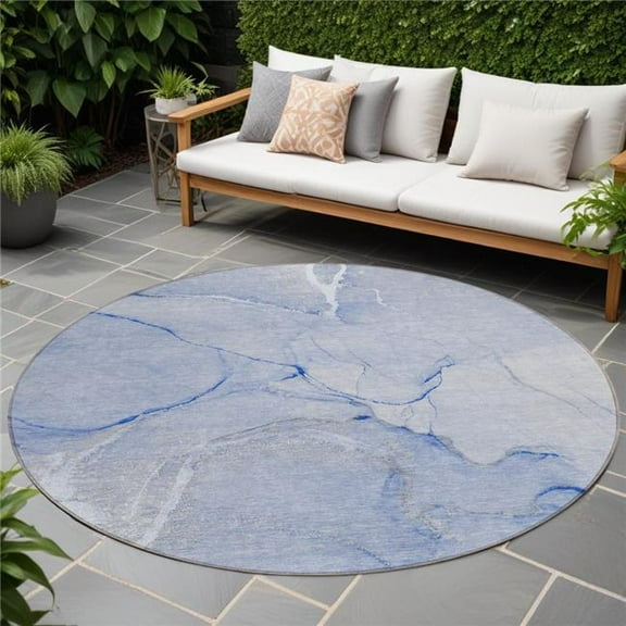 HomeRoots 559889 8 ft. Round Blue Round Abstract Washable Non Skid Indoor Outdoor Machine Woven Area Rug