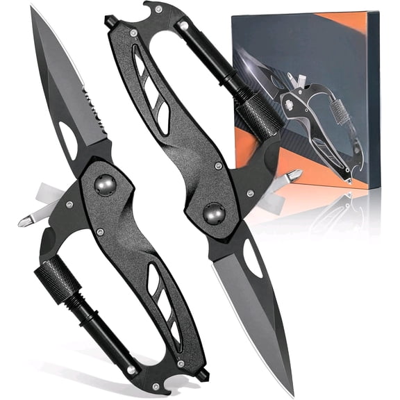 2 Pack 6-in-1 Multitool Carabiner Pocket Knife, EDC Survival Gear and Camping Essentials for Men, Heavy Duty Tool with Bottle Opener, Window Breaker and Screwdriver for Camping Hiking