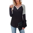 thumbnail image 1 of Camisa de Mujer Cuello en V Contraste Color Manga Larga Top Camiseta Interior Poliéster para Otoño Invierno Negro S, 1 of 6