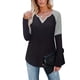 thumbnail image 1 of Camisa de mujer con cuello en V Color de contraste Camiseta interior de manga larga Poliéster para Otoño Invierno, 1 of 6
