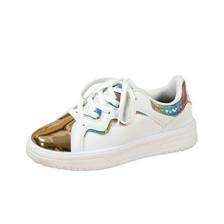 Fauean Sneakers for Women Fashion Leather Shoes Lace up Sneakers Casual Color Block Shoes White Size 42