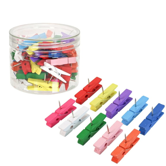 50 PCS Colorful Push Pin with Wooden Clips, Durable, Decorative Pushpins Tacks Thumbtacks for Cork Board Artworks Notes Photos, Craft Projects, Offices and Homes