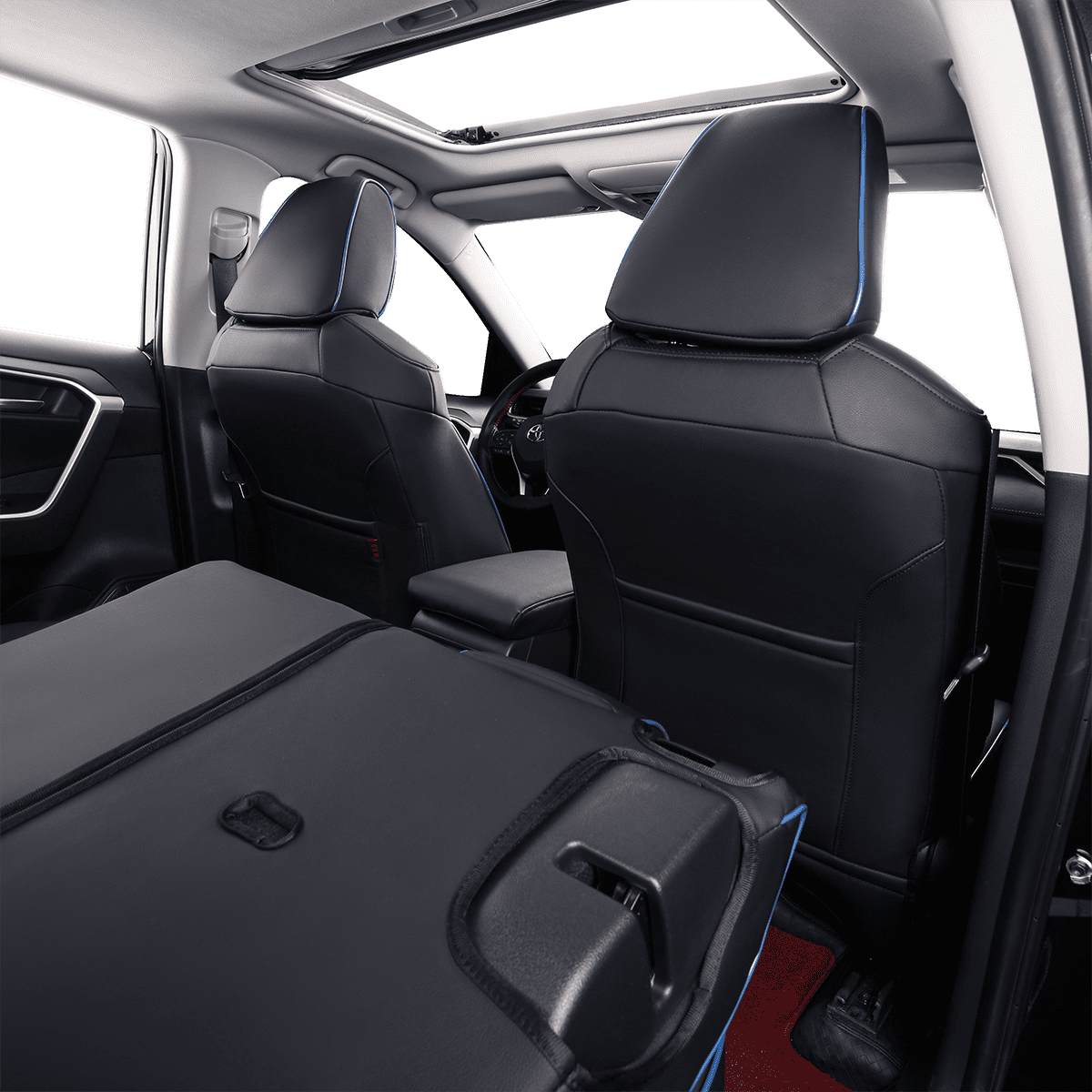 EKR RAV4 Car Seat Covers for 2019-2025 RAV4 Hybrid/Prime SE,XSE & 2025 RAV4 PHEV SE, XSE, Leather Truck Seat Cover Full Set for SUV,Faux Leather(Black with Blue Piping)
