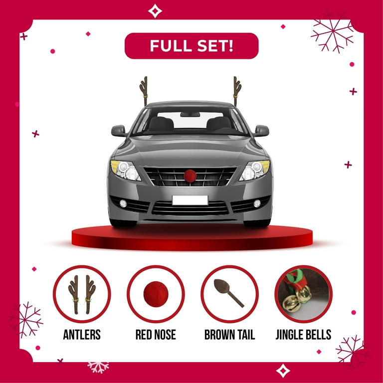 Car Reindeer Antlers & Nose Full Set - Christmas Decorations for Car -  Window Roof-Top & Grille Rudolph Reindeer Kit - Auto Holiday Accessories