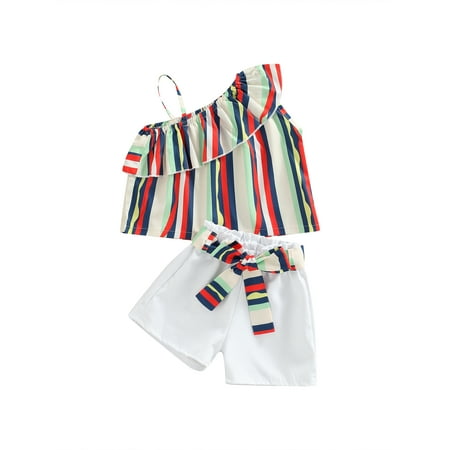 

TheFound Summer Lovely Kids Girls Clothes 2pcs One Shoulder Ruffles Colorful Striped Printed Vest+Shorts Sets