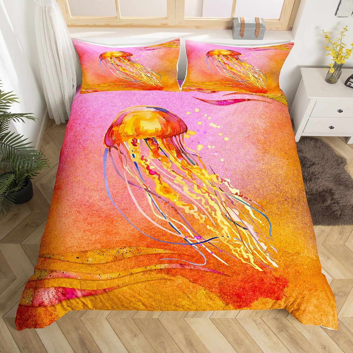 Jellyfish Duvet Cover Full Size, Ombre Jellyfish Bedding Set, Coastal Marine Life Quilt Cover