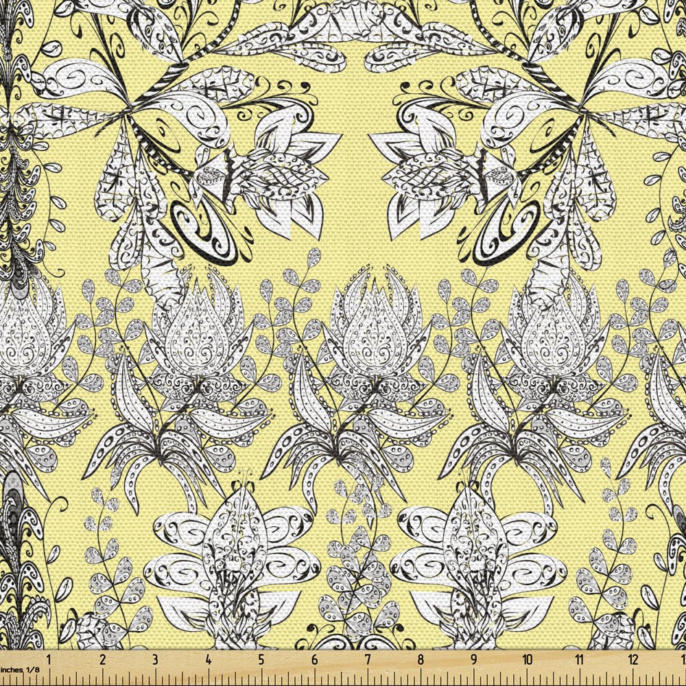 Grey and Yellow Fabric by the Yard Bohem Design with Flowers Leaves