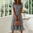 thumbnail image 5 of Bxsruta Women's Square Neck Short Sleeve Midi Dress Tiered Ruffle a Line Flowy Swing Dress Casual Elastic Waist Pull on Print Summer Spring Party for Daily Wear Beach Holiday, 5 of 8