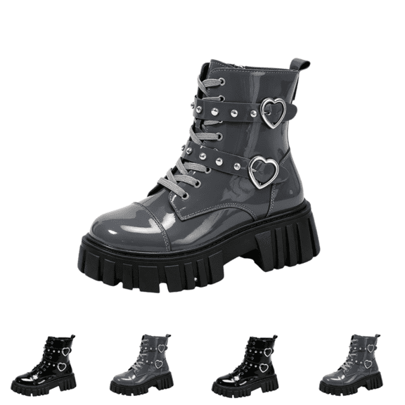 EKVAHL Women's Platform Non‑Slip Boots Faux Patent Leather Goth Booties Lug Sole Lace‑Up Heart‑Shaped Metal Buckle Decor Stable Ankle Boots Gray