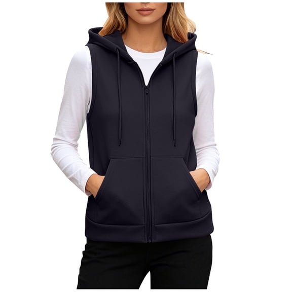 QSXADF Women's Sleeveless Shacket Solid Zip Up Hooded Jacket with Double Pockets Casual Ladies Outdoor Vests