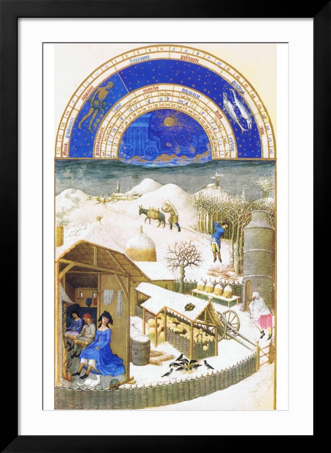 Art.com Le Tres Riches Heures Du Duc De Berry - February Art Print by Paul Herman & Jean Limbourg, Black Frame Wall Art, 32" x 44"