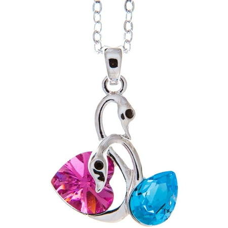 Rhodium Plated Necklace with Loving Swans Design with a 16 Extendable Chain and High Quality Rose and Ocean Blue Crystals by Matashi