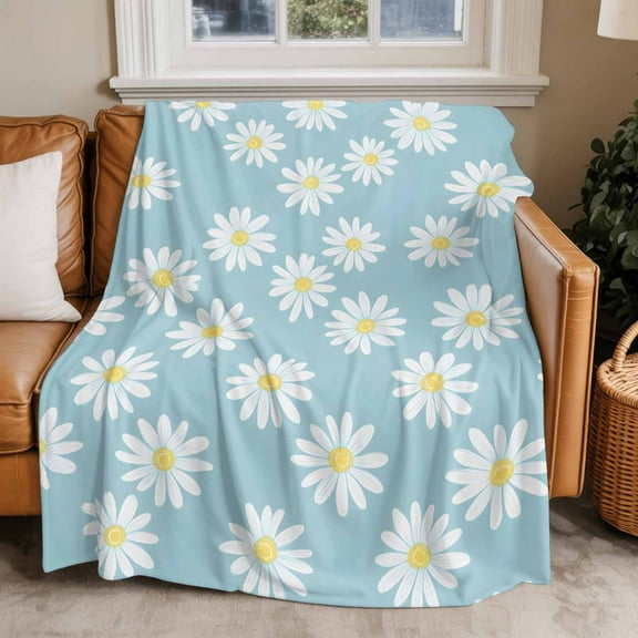 Throw Blanket for Couch White Daisies Soft Fleece Flannel Blankets Cozy Lightweight Blanket for Home Sofa Living Room Blue Background Bed Throws 40" x 60"
