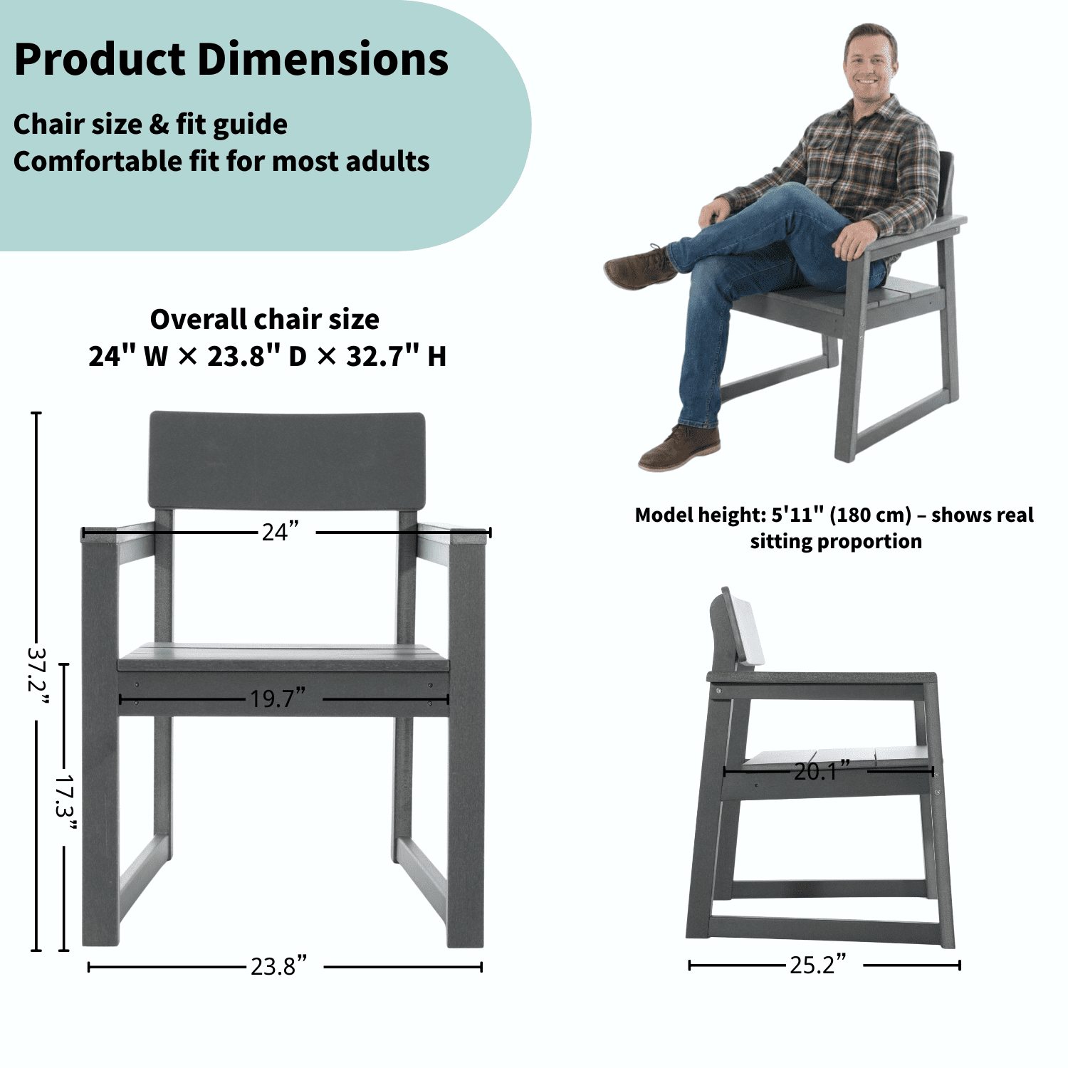 Outdoor Garden Chair, Recycled Plastic Single Chair for Yard Lawn Patio Outdoor Area, Grey