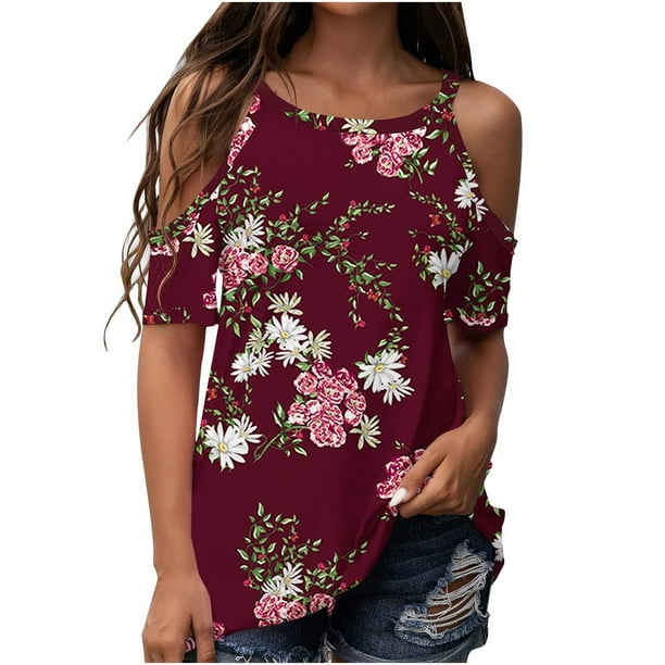 Moda mujer manga corta hombro frío cuello redondo Casual Tops camiseta blusa Pompotops hkajfhjk467660