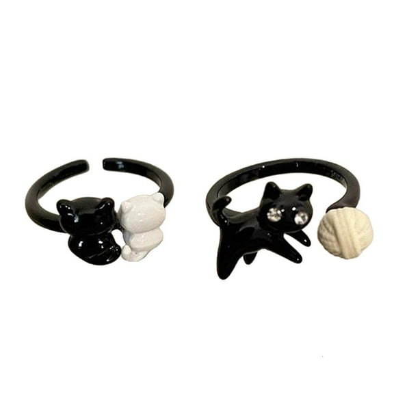 Necvior Set of 2 Black Cat Open Rings Women Fashion Couple Rings Wedding Finger Accessory