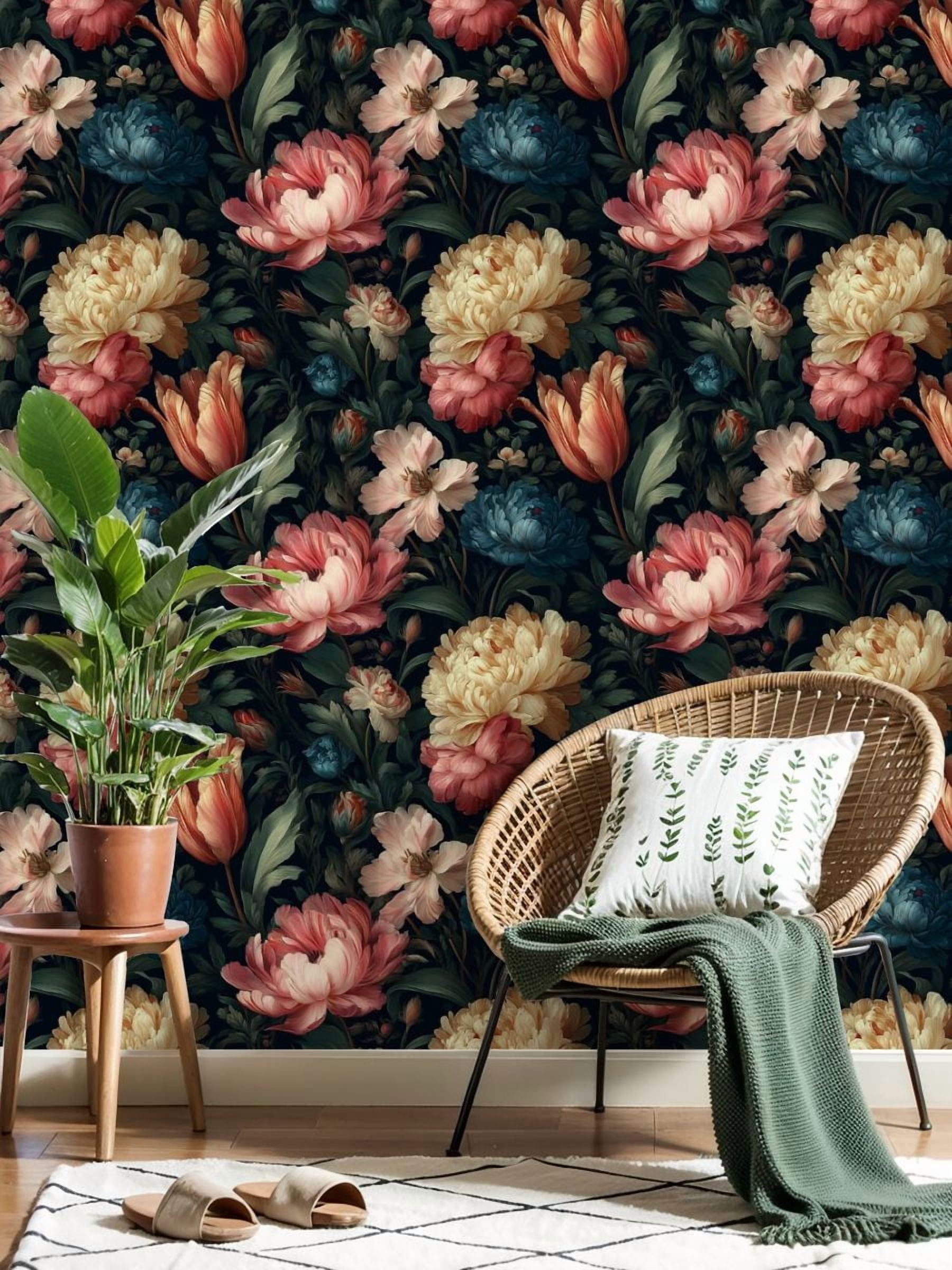 Peel and Stick Wallpaper 17.7in x 9.8ft Elegant Floral Bouquet Soft Pink Blue Blossoms Dark Contact Paper Vinyl Self-Adhesive Removable Wall Paper for Bedroom DIY Home Decor Renter Friendly