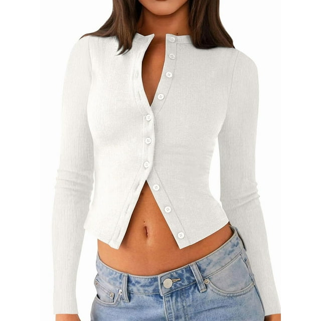 Blusas de Larga para Mujer, Cárdigan Ligero de Otoño, Camisetas para Salir, Blusas Acanaladas con Botones, Lindas y A XXL