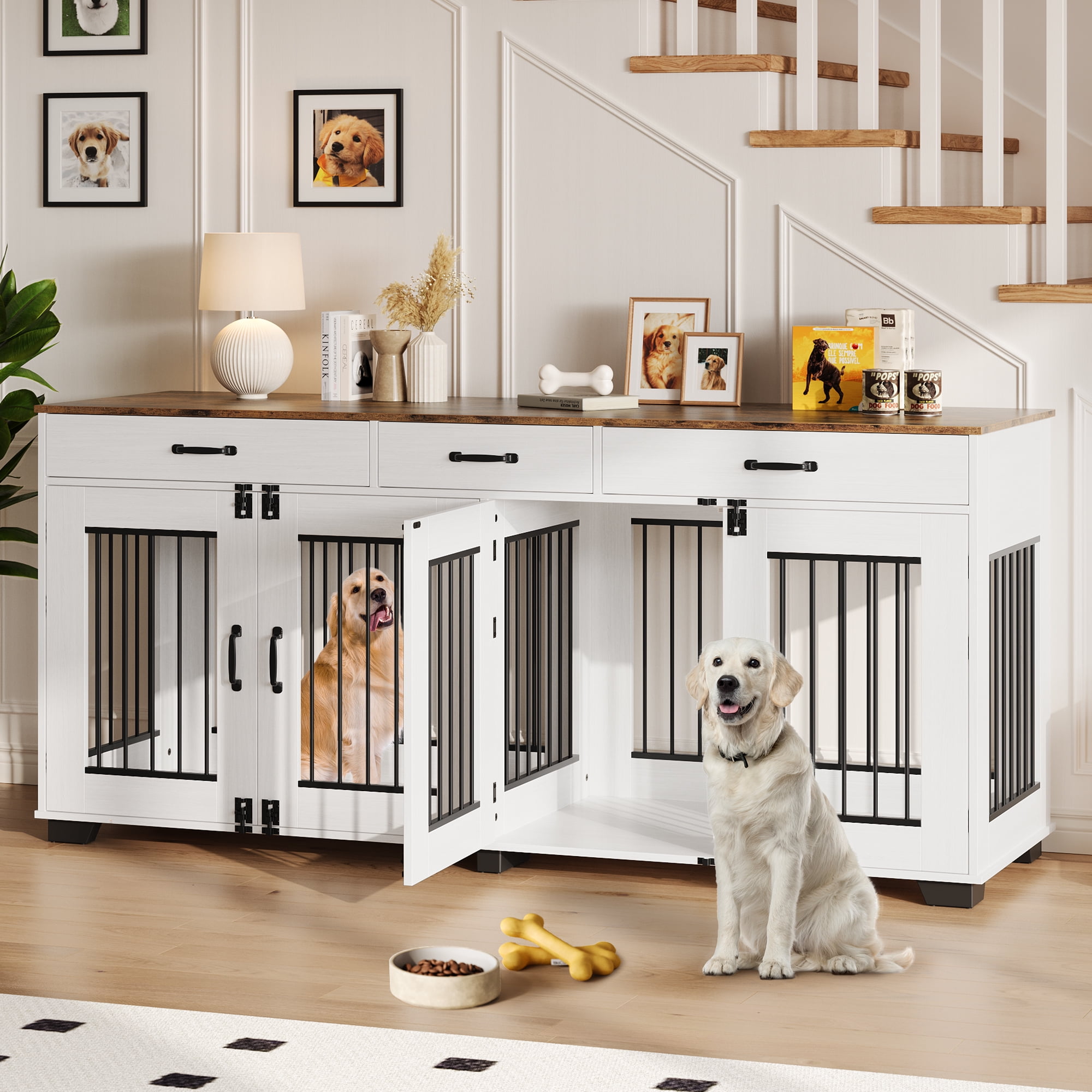 71-Inch Large Dog Crate with 3 Drawers for 2 Dogs, Spacious Wooden Indoor Kennel with Divider, Large Breed Dog Crate and TV Stand, Perfect for Medium Large Dogs