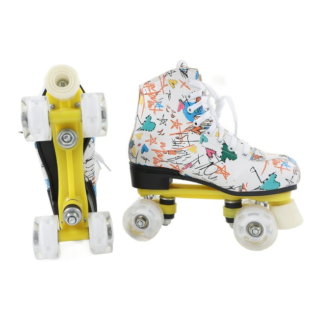 Patins à Roulettes à 4 Roues, Patins à Roulettes Blancs Style Graffiti Roues Brillantes pour Patinage Extérieur