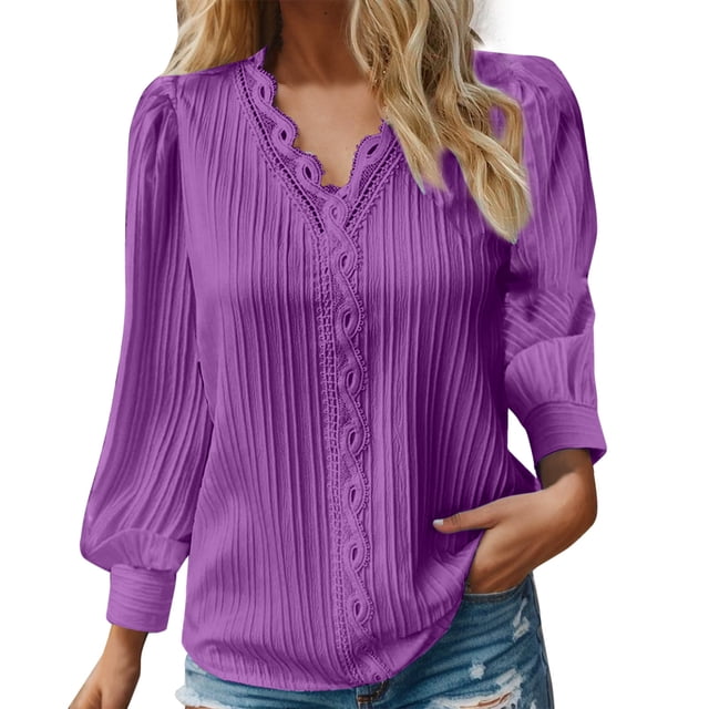 Blusa de encaje con cuello en V para mujer - Color liso, manga corta, poliéster, camisa elegante y casual para el trabajo o una cita