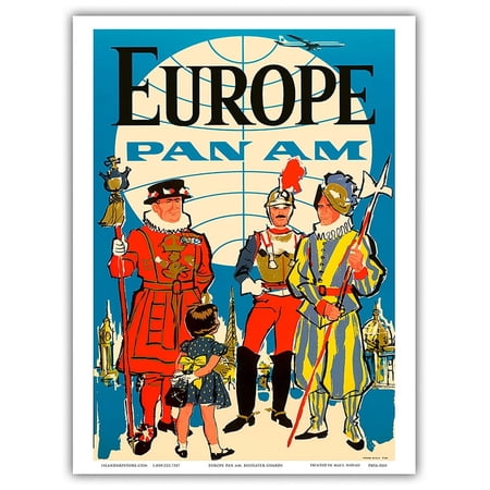 Europe - Pan American World Airways - British Yeomen of the Guard Pontifical Swiss Guard - Vintage Airline Travel Poster c.1950s - Master Art Print (Unframed) 9in x 12in