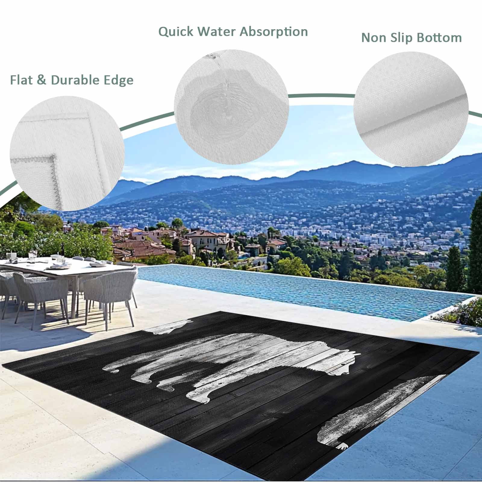 Fsddascl Black White Bear Outdoor Rug for Patio/Deck/Porch, Non-Slip Large Area Rug 4 x 6 Ft, Farmhouse Country Rustic Wooden Grain Indoor Outdoor Rugs Washable Area Rugs, Camping Rug Carpet