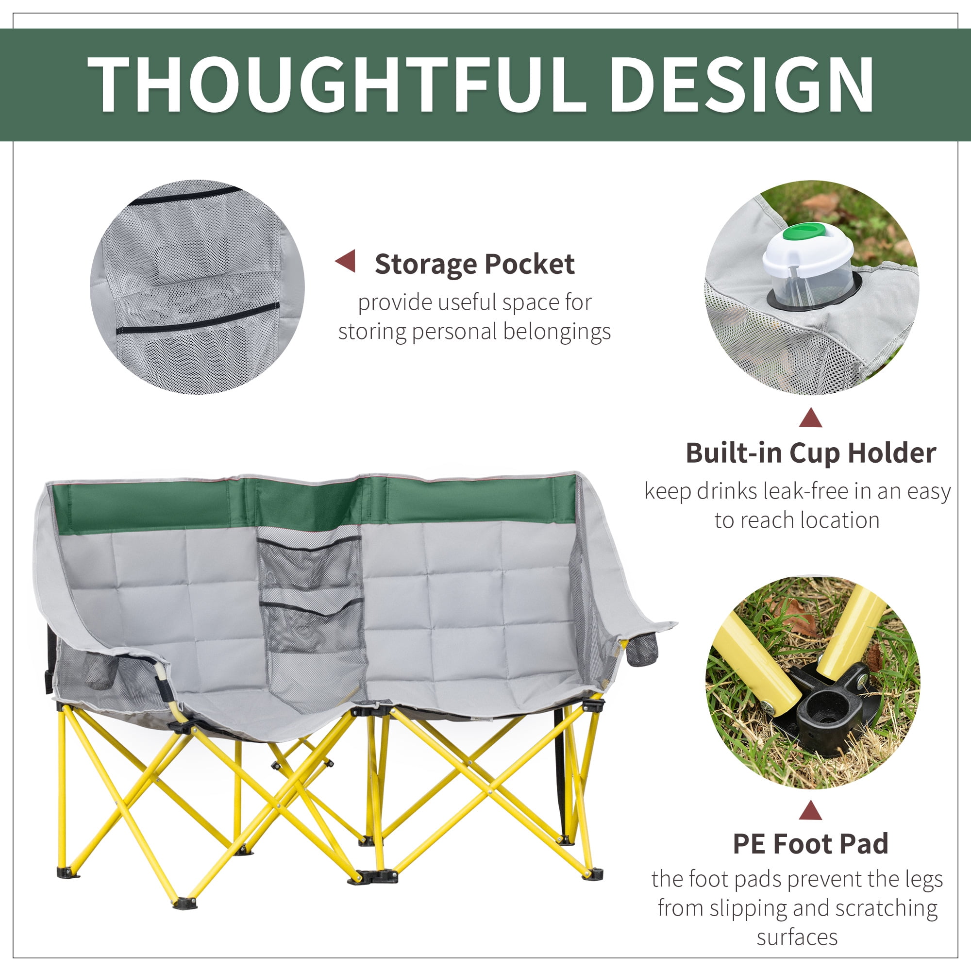 Loveseat Camping Chair, Oversized Folding Lawn Chair with Carry Bag & Cup Holders, for Outdoor, Beach, Picnic, Hiking, Travel, Green & Gray