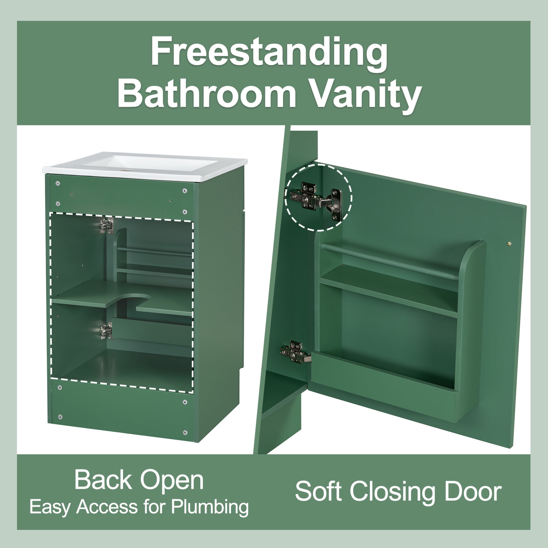 Vale Modern 20" Bathroom Vanity Cabinet with Ceramic Sink, Soft Closing Door, Adjustable Shelf, Green