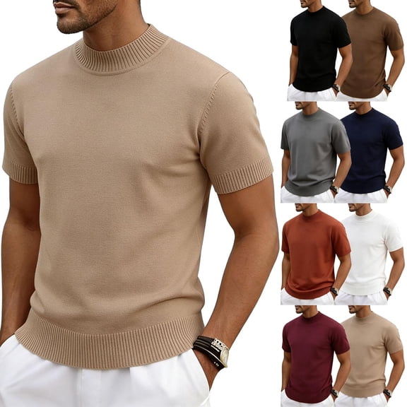 Men's Casual Summer Shirts Solid Breathable Knit Short Sleeve Crewneck Acrylic Tops Lightweight Tees Daily Beach Vacation | Zenithor,Beige L