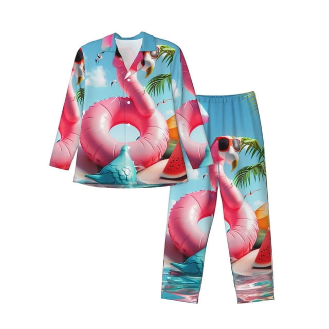 Fotbe Tropical Flamingo Pool Float Pattern Long Sleeve Pajama Set for Men,Sleepwear Set,2-piece Loungewear Set,Soft PJs Comfy Nightwear with Pockets-Large