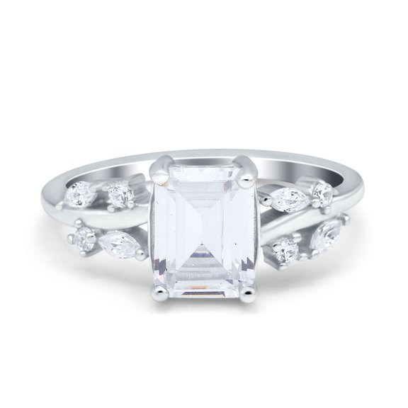 Simulated Cubic Zirconia Size-5 Emerald Cut Art Deco Engagement Wedding Bridal Ring Round Marquise 925 Sterling Silver
