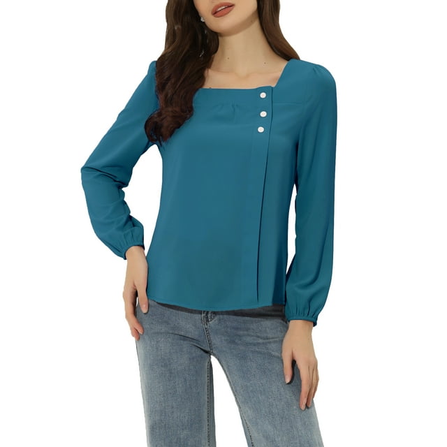 INSPIRE CHIC Blouse Plissée Décontractée à Manches Longues Col Carré Bleu Paon m