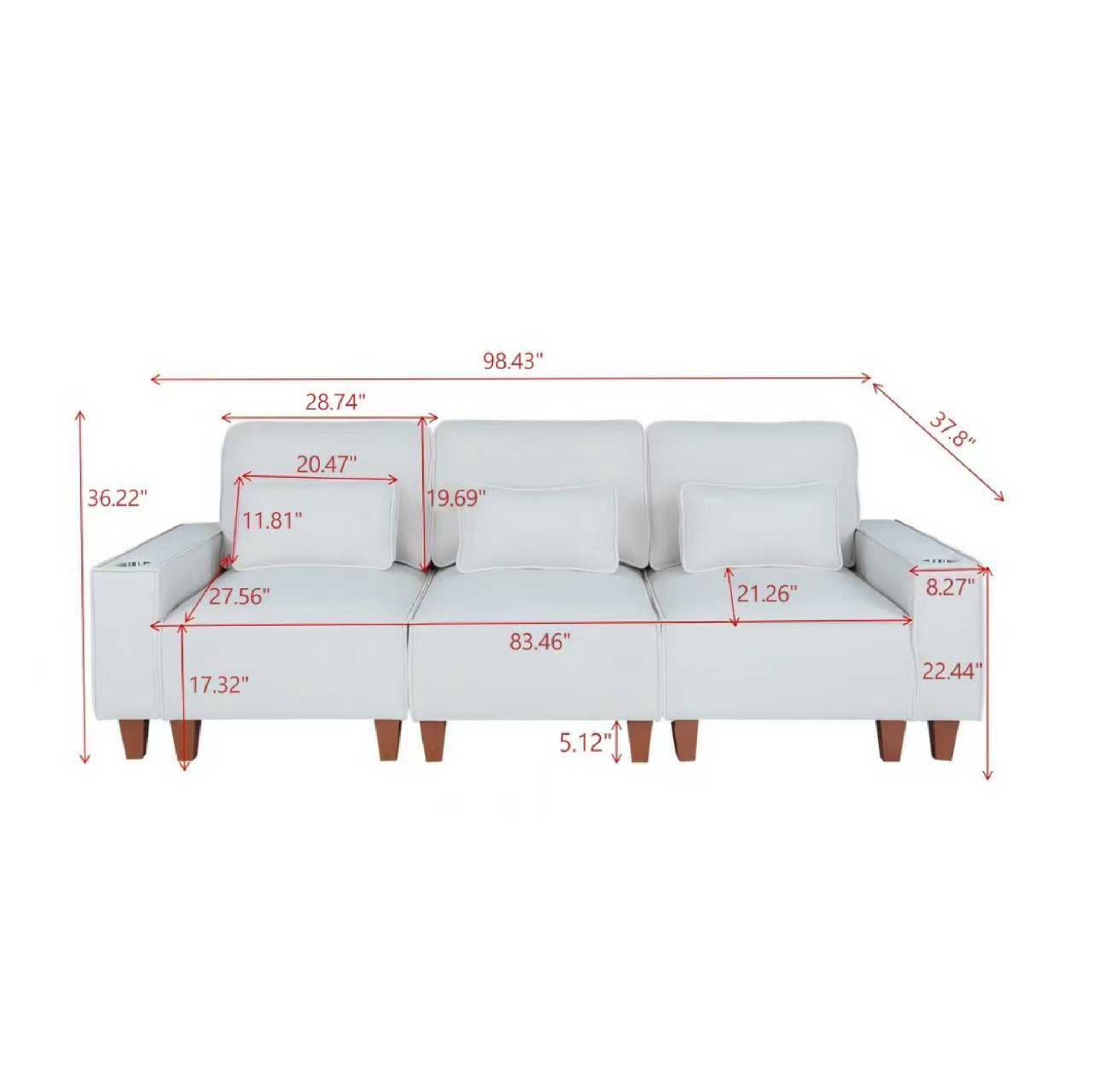 Gewnee Chenille 3 Seater Sofa with Wide Armrests,Cup Holders and Pillows,Comfortable WideSeat Sofa for Living Room or Apartment.Dark Grey