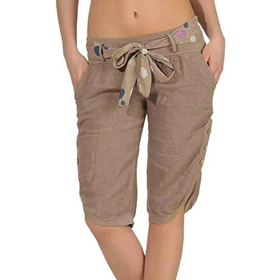 Women Summer Elastic Waist Cropped Pants Mid Waist Casual Baggy Plus Size Belted Yoga Capris Loungewear with Pockets
