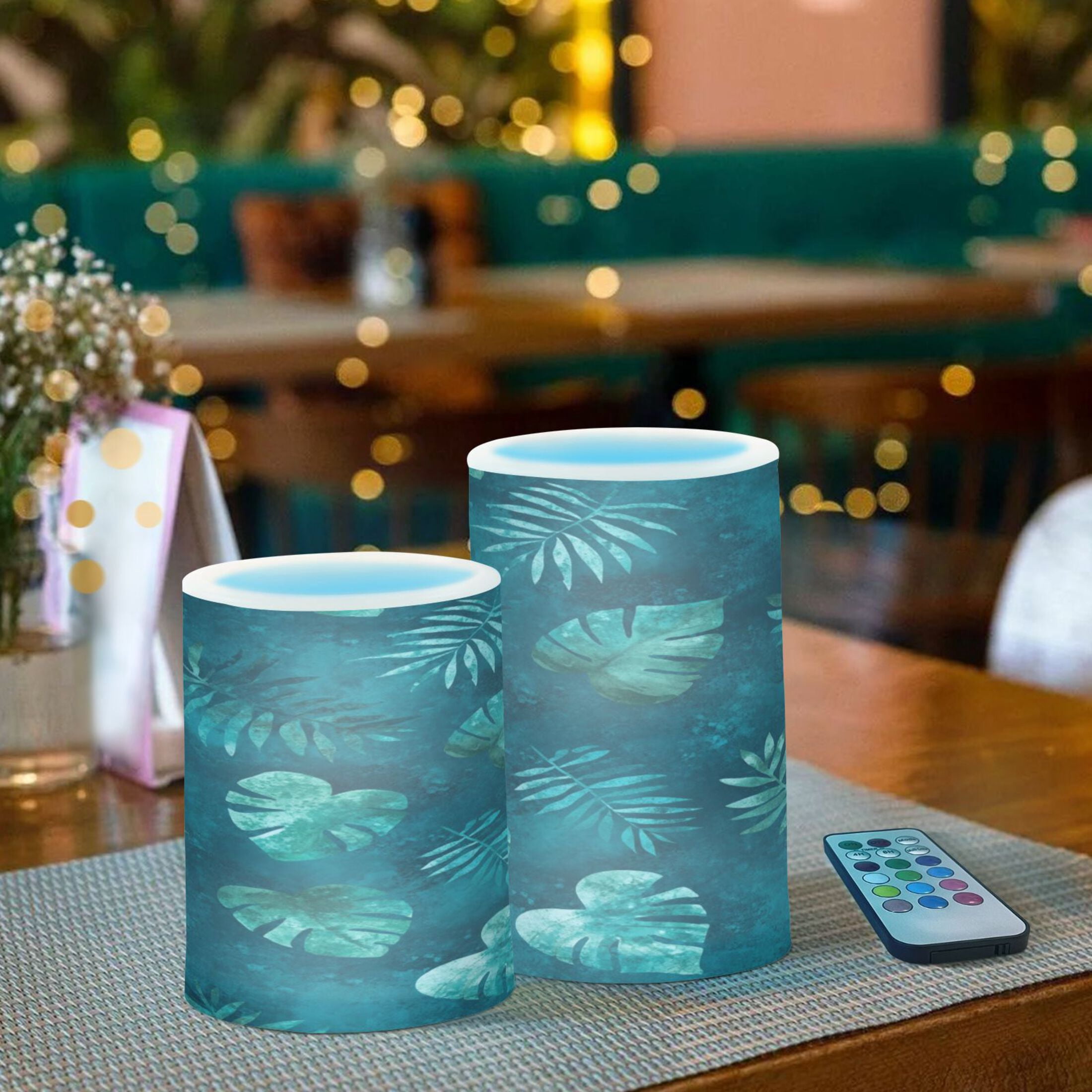 Teal Tropical Leaf Pattern Set of 2 Flameless LED Candles Remote and Timer Indoor Outdoor