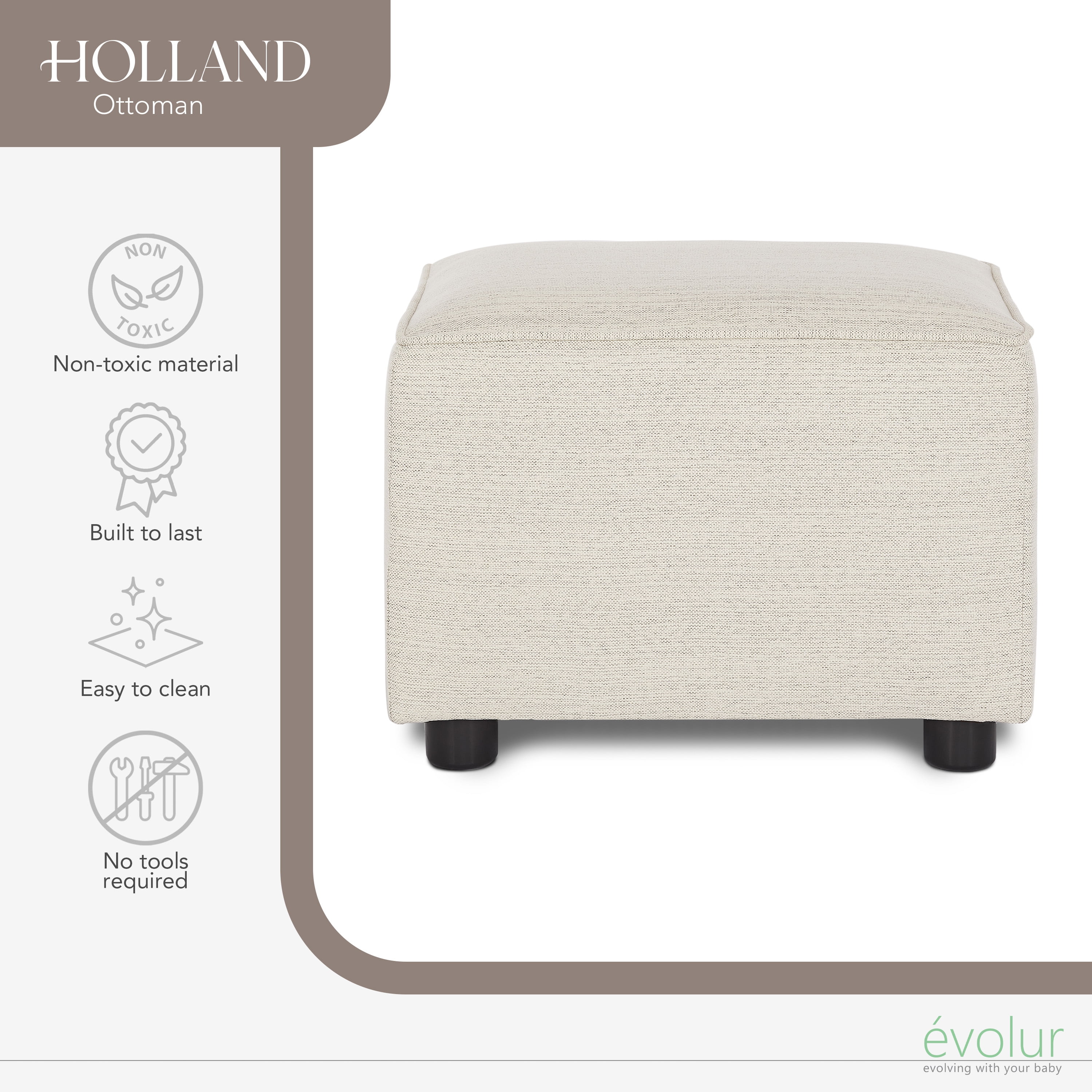 Evolur Holland Upholstered Ottoman, Modern Design In Thunder