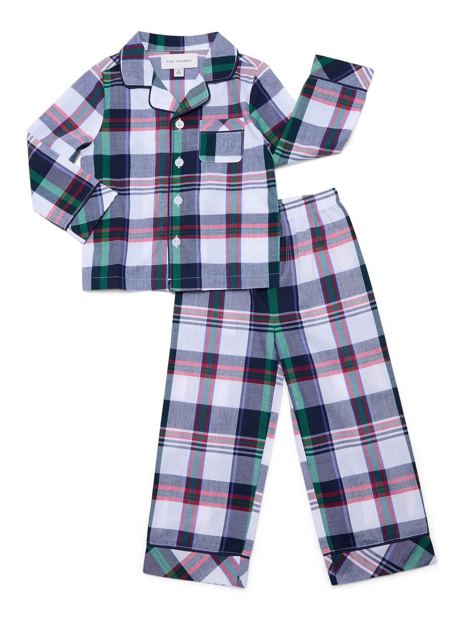 Free Assembly Matching Family Pajamas Kids' Plaid Notch Collar Top and Pants Gift Set, 2-Piece, Sizes XS-XXL