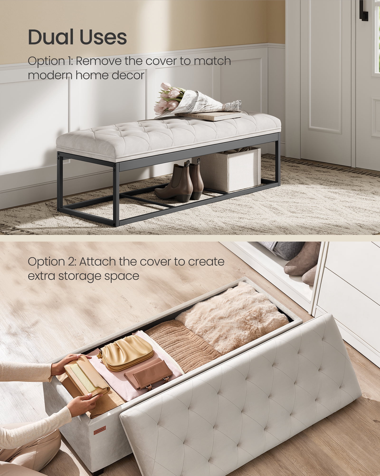 SONGMICS 43" Storage Ottoman Bench Foot Rest with Legs End of Bed Bench Storage Chest Load up to 660 lb for Living Room Bedroom Cream White