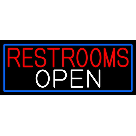 Restrooms Open With Blue Border LED Neon Sign 13 x 32 - inches, Clear Edge Cut Acrylic Backing, with Dimmer - Bright and Premium built indoor LED Neon Sign for Bar decor.