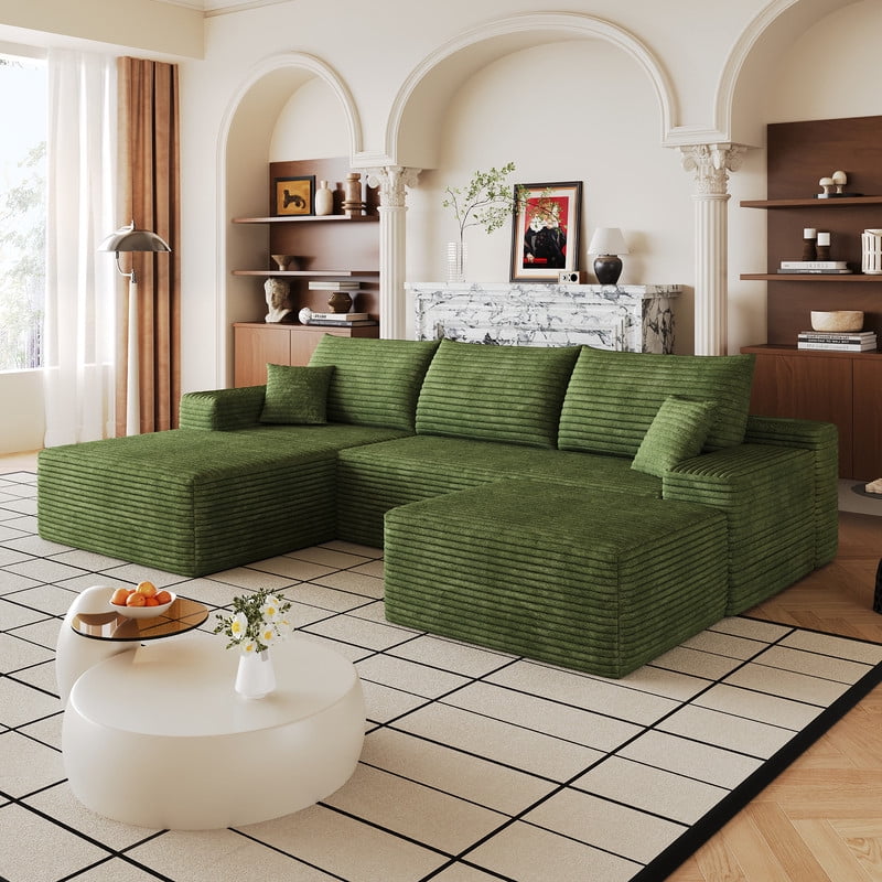 107" Cloud Sectional Sofa with Ottoman, U-Shaped Modular Couch with Deep Seats, Modern Minimalist Upholstered Sofa with Chaise, Plush Corduroy Living Room Sofa, No Assembly Required